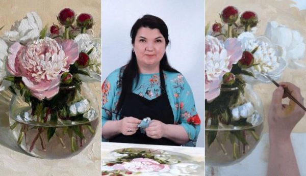 [lectoroom] Разноцветные пионы в круглой вазе маслом [Мария Павлова]